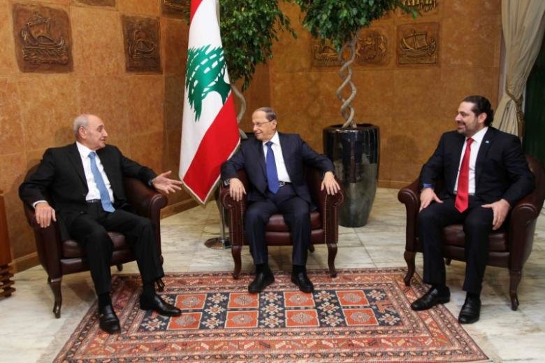 Lebanon's President Michel Aoun (C) meets with Prime minister-designate Saad al-Hariri (R) and Parliament Speaker Nabih Berri