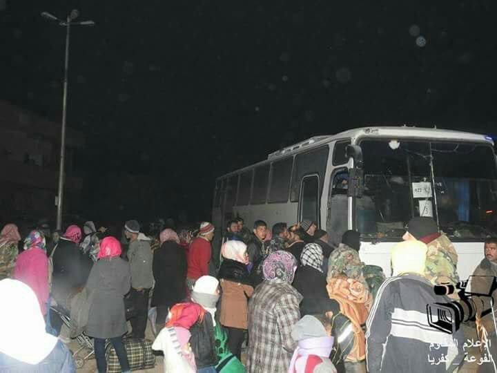 Buses of civilians from Fuah-Kafraya arrive at Aleppo and are greeted by Hezbollah/SAA fighters from Nubl-Zahraa
