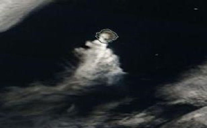Click to enlarge A plume originating from Mount Curry on Zavodovski Island is drifting then dispersing to the south-southwest.