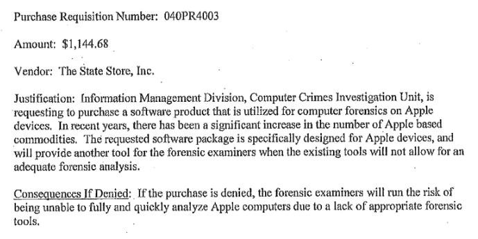 A section of a document where a state law enforcement agency justifies buying more mobile forensics gear because of the increase of Apple devices.