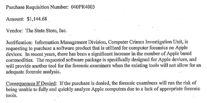 A section of a document where a state law enforcement agency justifies buying more mobile forensics gear because of the increase of Apple devices.