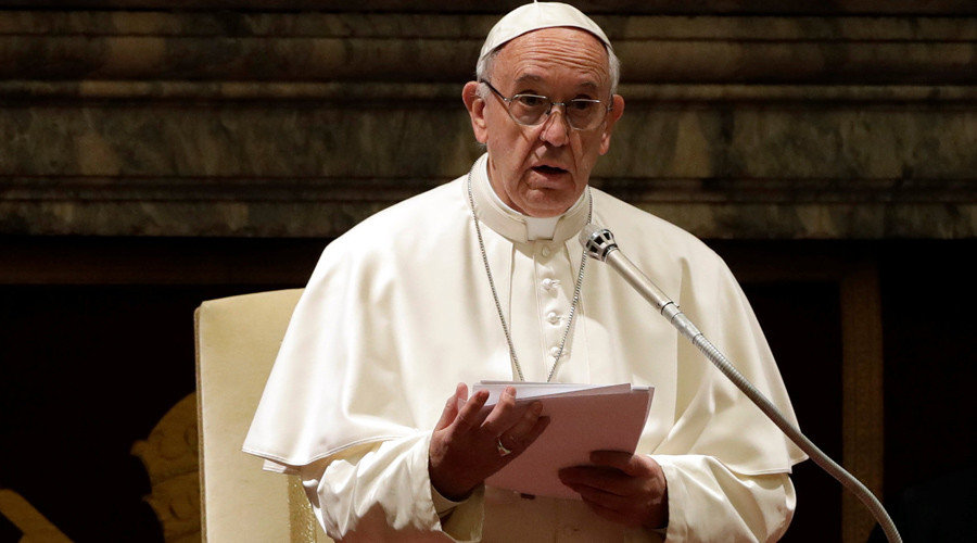 Pope Francis speaks during the traditional greetings to the Roman Curia in the Sala Clementina (Clementine Hall) of the Apostolic Palace, at the Vatican, December 22, 2016. 