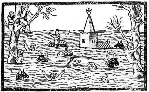This image is a woodcut from a contemporary pamphlet (chap book) depicting the aftermath of the 1607 flood in the coastal lowlands of the Bristol Channel and Severn Estuary.
