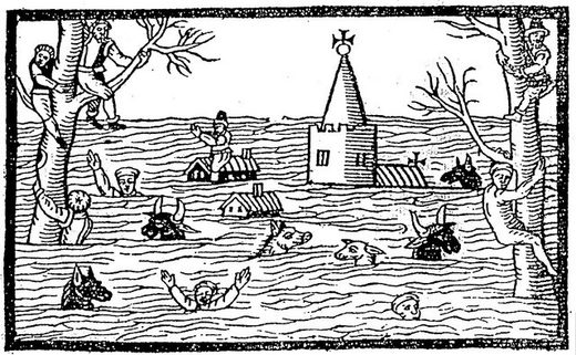 Click to enlarge This image is a woodcut from a contemporary pamphlet (chap book) depicting the aftermath of the 1607 flood in the coastal lowlands of the Bristol Channel and Severn Estuary.