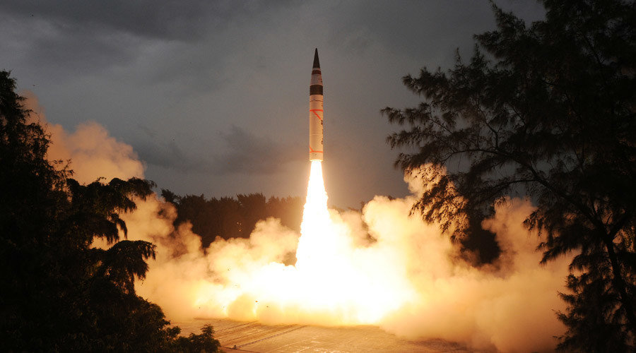 The launch of an Agni V intercontinental ballistic missile at Wheeler Island, India's Orissa state, on September 15, 2013
