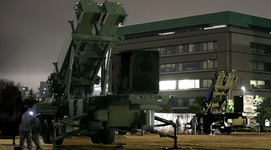 Units of Patriot Advanced Capability-3 (PAC-3) missiles stand at the Defence Ministry in Tokyo, Japan