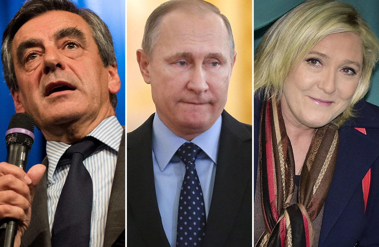 Click to enlarge François Fillon, Vladimir Putin and Marine Le Pen