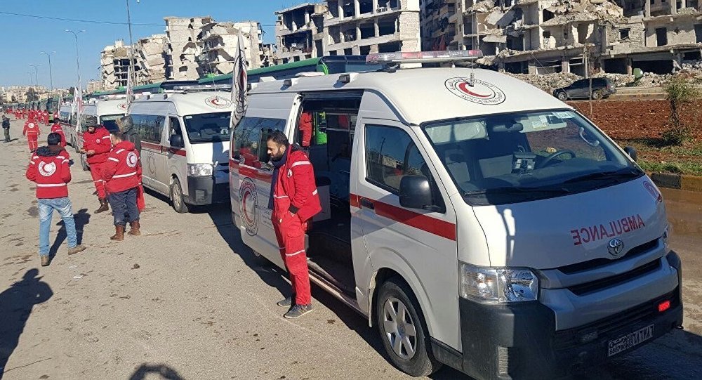 Ambulances in a liberated neighborhood of eastern Aleppo, Syria