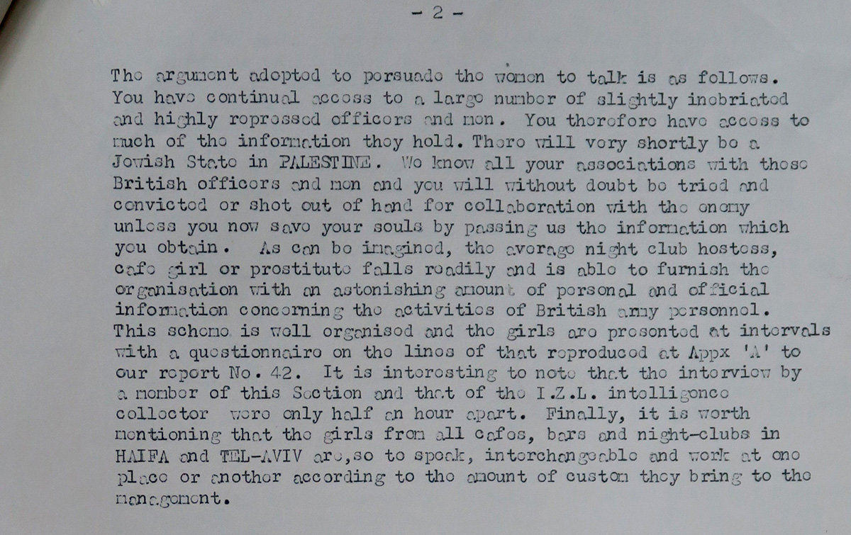Extract from Airborne Field Security, Report No. 54, week ending 19 November 47, regarding Jewish sex workers forced to be Zionist spies