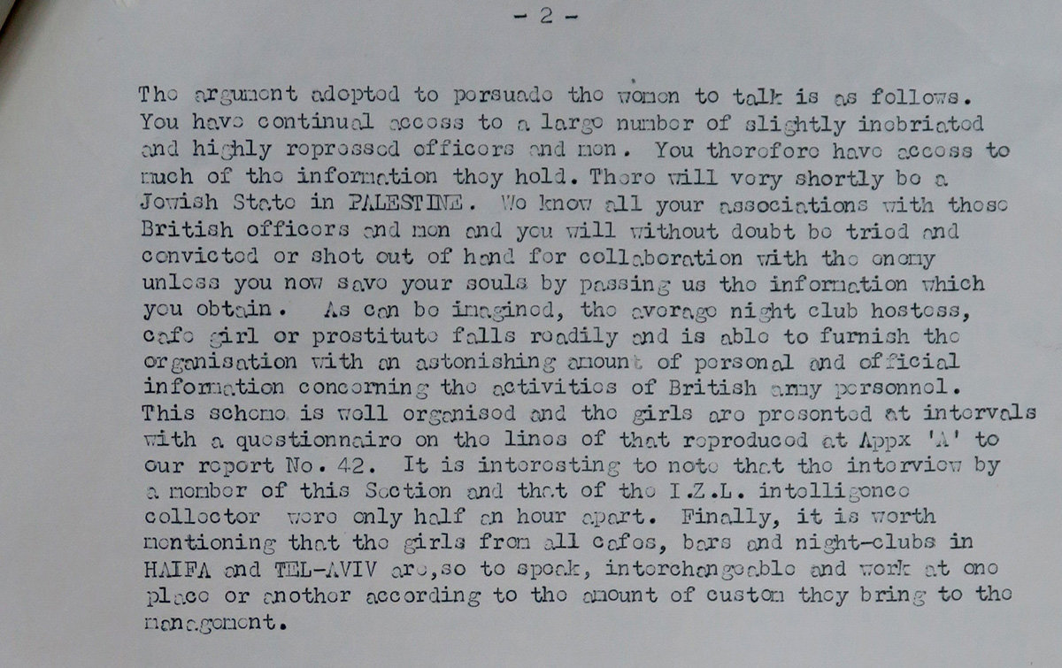 Click to enlarge Extract from Airborne Field Security, Report No. 54, week ending 19 November 47, regarding Jewish sex workers forced to be Zionist spies