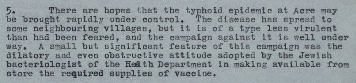 Click to enlarge Hagana biological warfare and the “obstructive” attitude of the bacteriologist. Extract from telegram No. 1293, from High Commissioner Cunningham, “dispatched 1900 hrs. 8.5.48”, marked “IMMEDIATE. SECRET”
