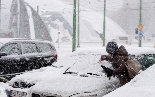 Snowfall in Katowice, southern Poland. 