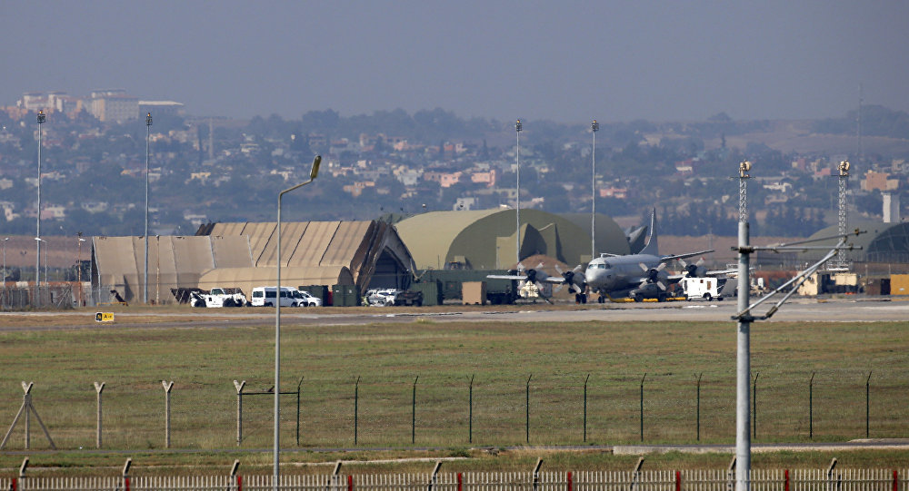 A military aircraft is pictured on the runway at Incirlik Airbase, in the outskirts of the city of Adana, southeastern Turkey