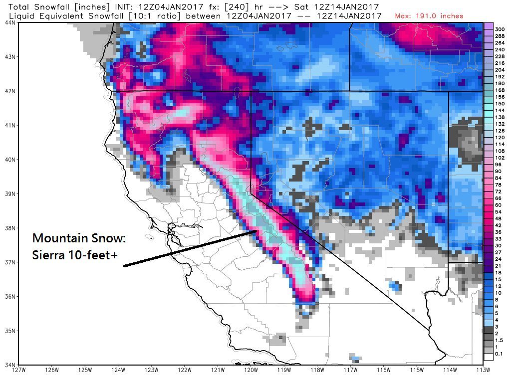 1015 feet of snow to bury California Wintry weather also targets