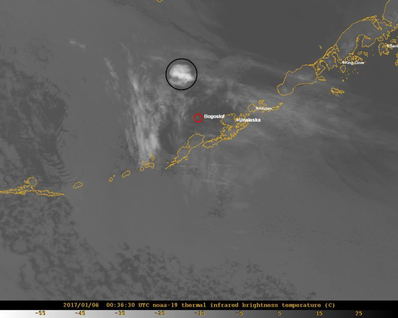 Click to enlarge A satellite image showing the volcanic cloud from Bogoslof's January 5, 2017 eruption.