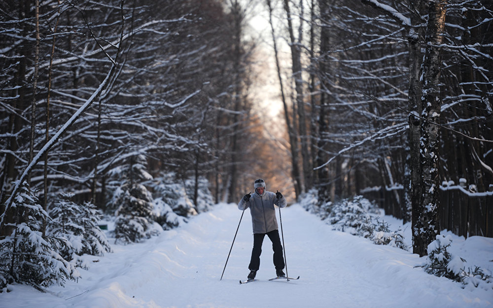 Man goes skiing at one of Moscow parks  