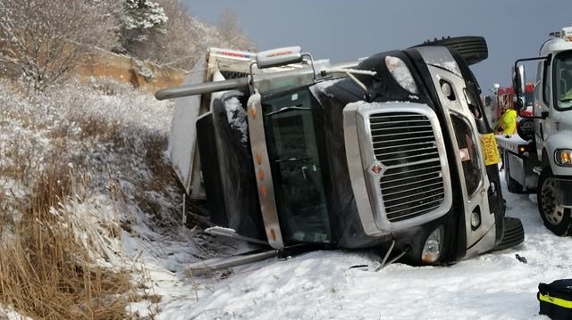 A truck is seen after a crash on Highway 401 on Saturday, Jan. 7, 2017. 