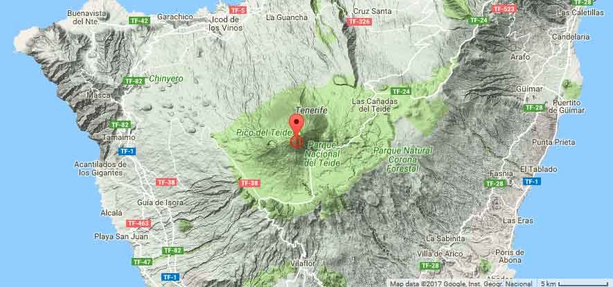 Click to enlarge Location of today's earthquake under Teide volcano