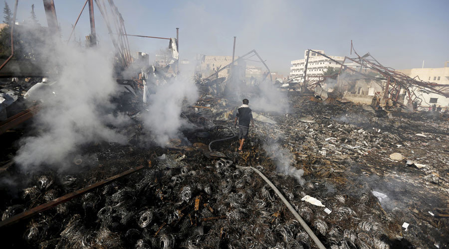 rubble of an electronics warehouse store in Yemen
