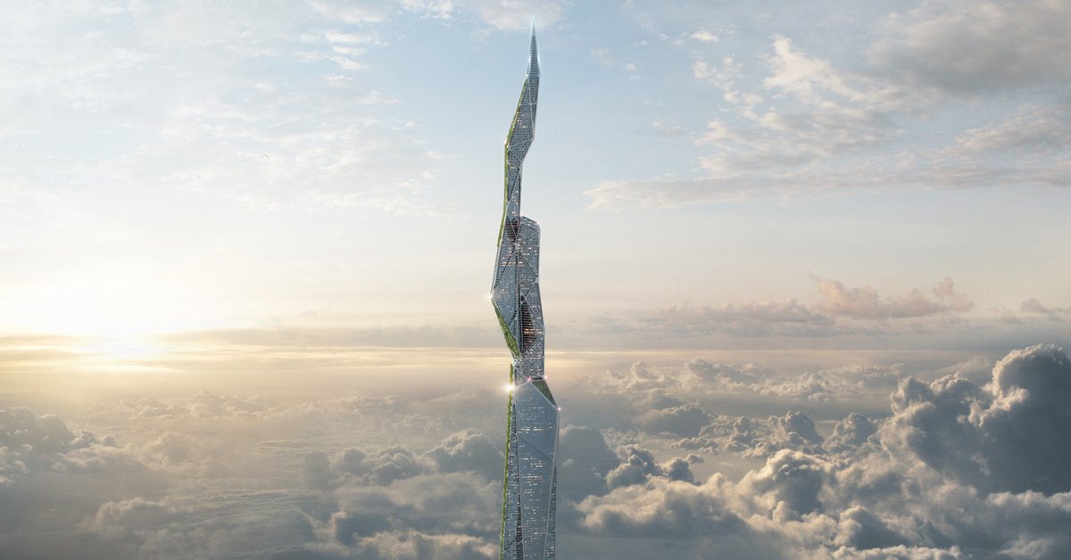 Click to enlarge A rendering for Arconic's three-mile-high skyscraper coated in EcoClean