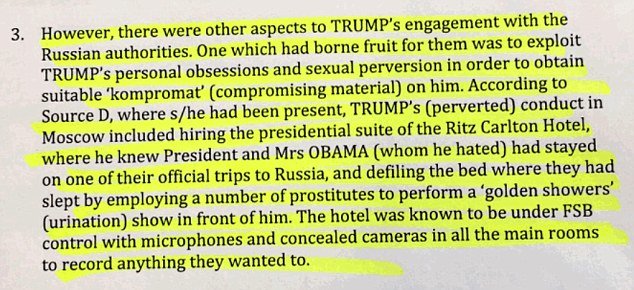 Click to enlarge The dossier claims Russian authorities filmed Trump in a Moscow hotel room with two prostitutes who 'defiled a bed' which had previously been used by President Barack Obama