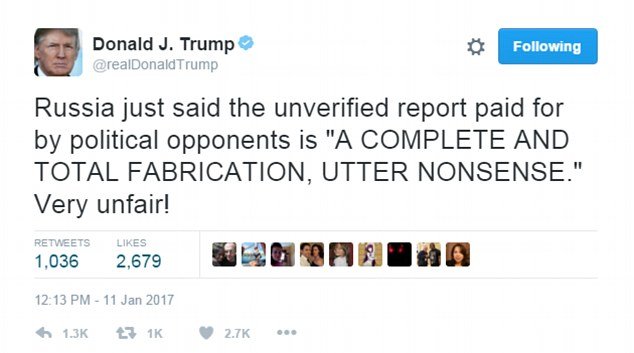 Click to enlarge Trump claimed Russia said the report was a 'complete and total fabrication'