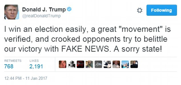 He said 'crooked opponents' were trying to destroy his victory with 'fake news' 