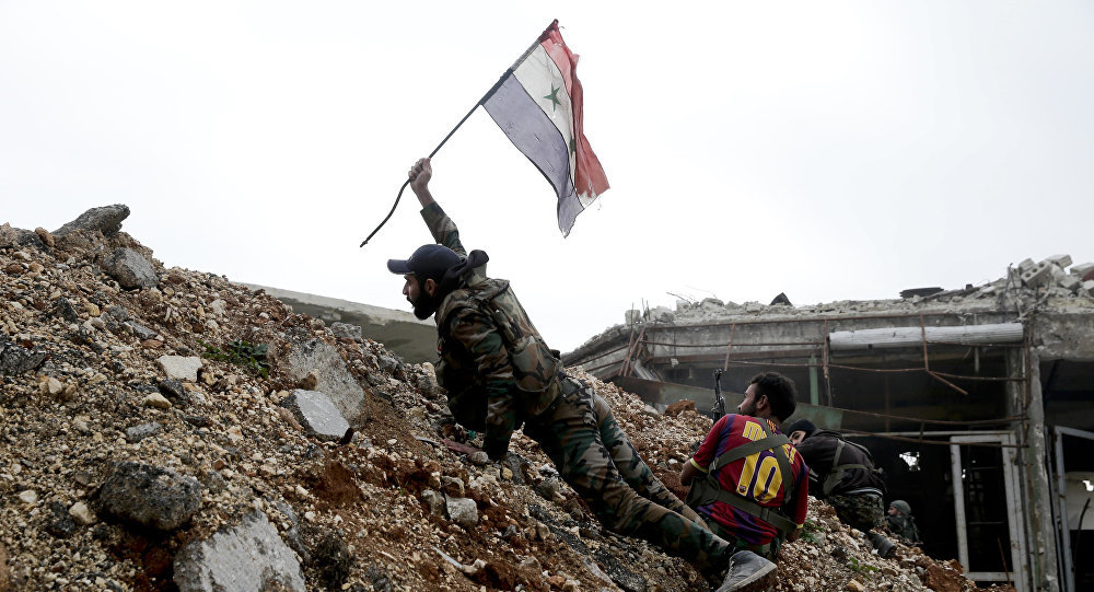 Syrian army soldier with flag