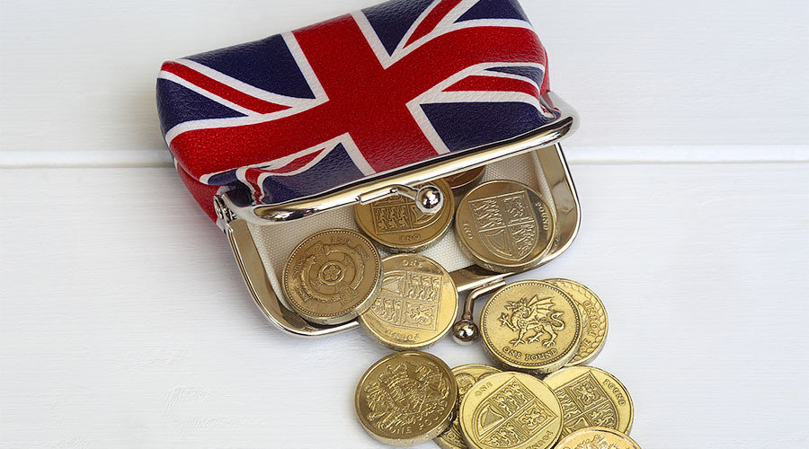 One pound coins spilling out of clip purse with Union Jack design