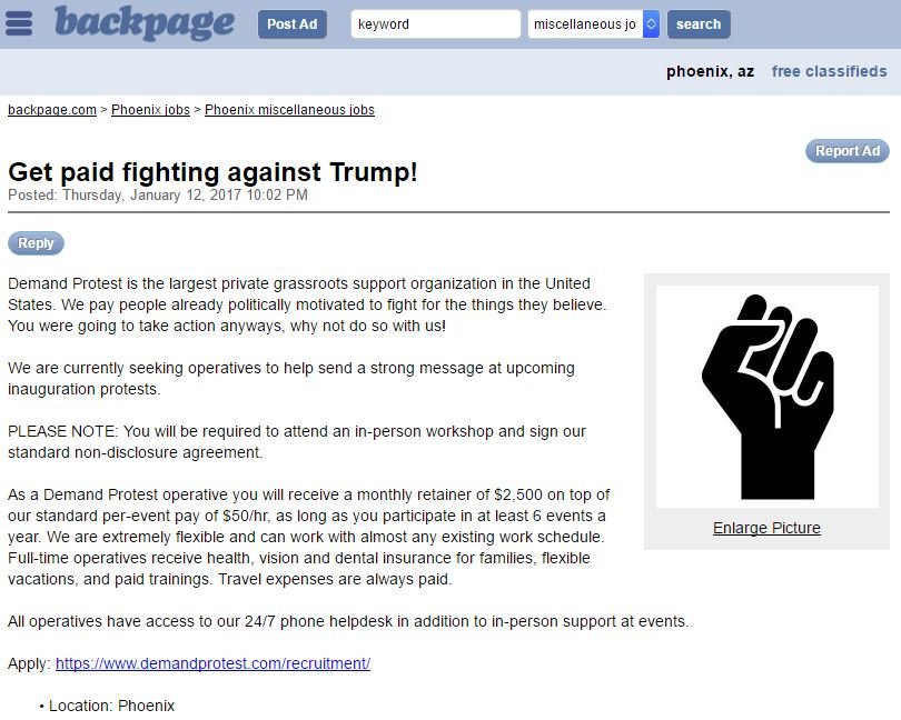Click to enlarge DemandProtest ad, anti-trump agitators