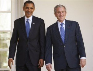 Barack Obama and George W. Bush at the White House