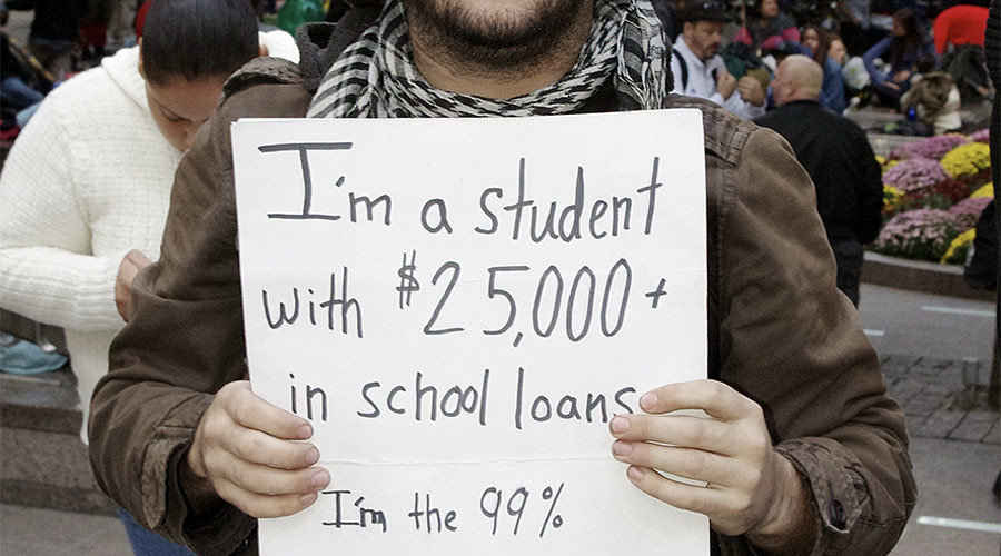 Click to enlarge Student holding debt sign