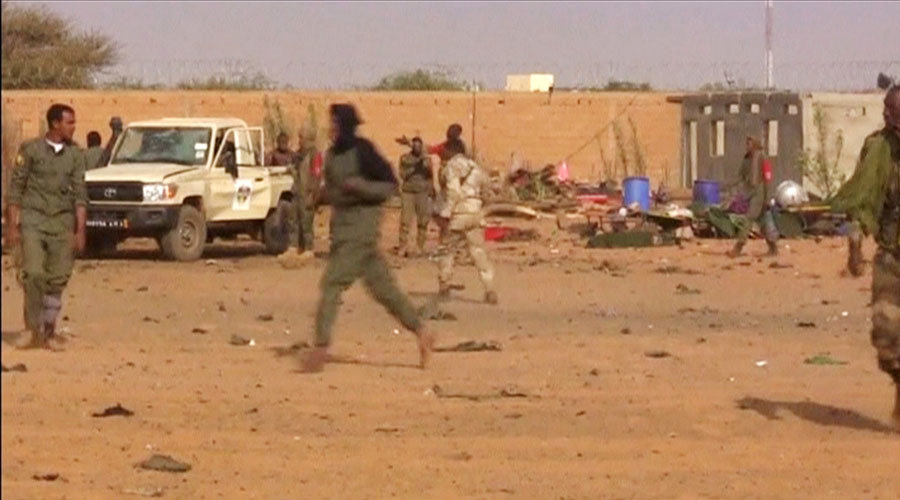 A view of damage after a suicide car bomb attack on a military camp in Gao, Mali January 18, 2017 in this still image taken from video