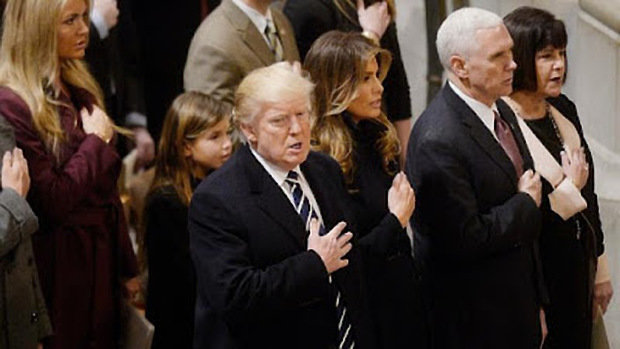 US President Donald Trump, First Lady Melania Trump, Vice President Michael Pence and his wife Karen Pence attends the National Prayer Service at the Washington