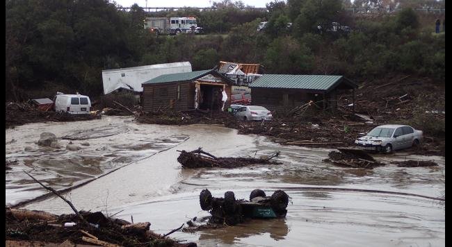 Cabins and vehicles were swept away by floodwaters at the El Capitan Canyon Resort & Campground, Friday, Jan. 20, 2017.  