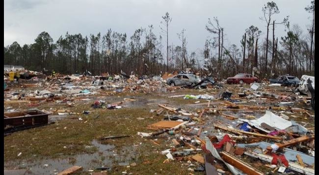 Damage to the Sunshine Acres trailer park near Adel, Georgia, caused by a likely tornado. 