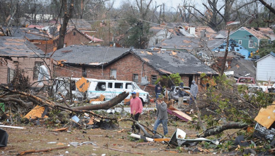 A wide shot of all the homes damaged looking towards Edwards Street in downtown Hattiesburg.