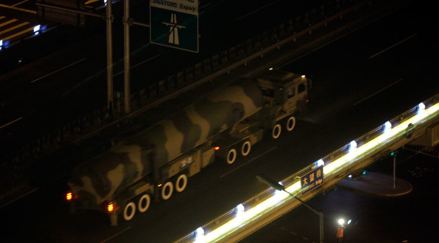 A military vehicle carrying a DongFeng long-range ballistic missile