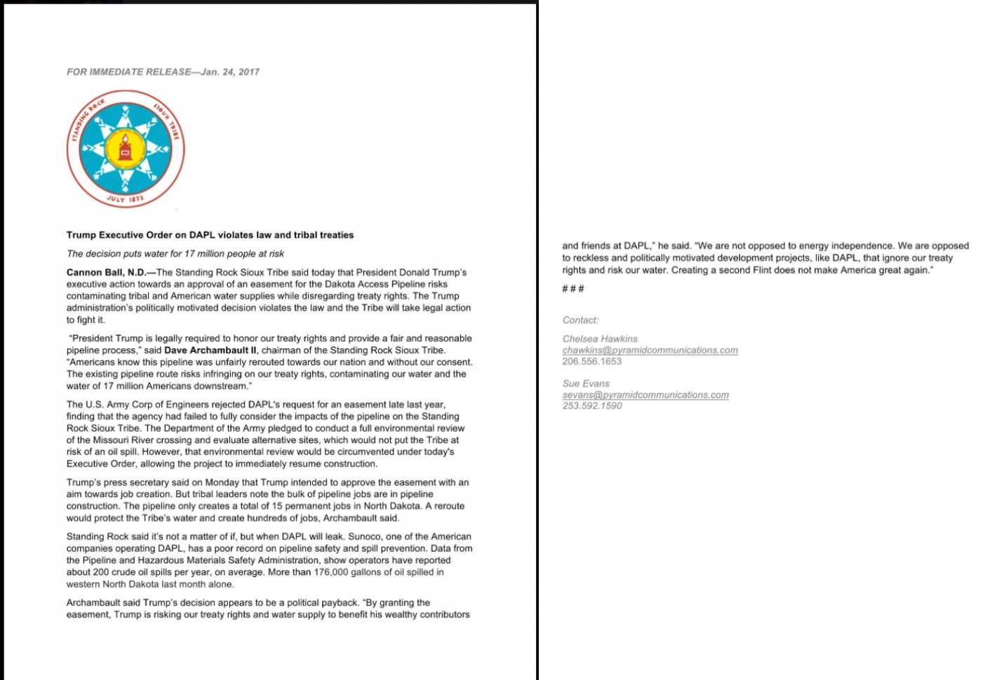 standing rock statement, standing rock press release
