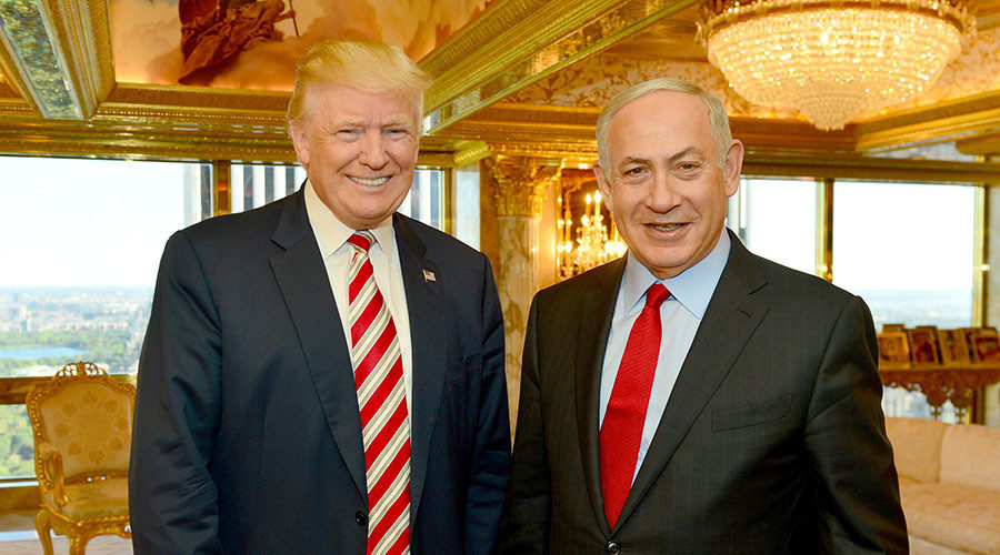 Benjamin Netanyahu stands next to Donald Trump