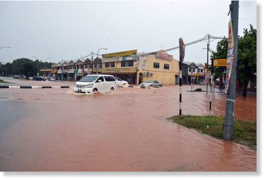 Flooded roads in Segamat, Johor. The state, which was the worst hit, faces more thunderstorms over the Chinese New Year weekend. 