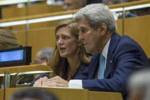 Secretary of State John Kerry with Samantha Power, U.S. ambassador to the U.N., during the general debate of the General Assembly, Sept. 20, 2016