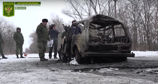Car demolished by wire-guided anti-tank missile in Dolgoye, Ukraine