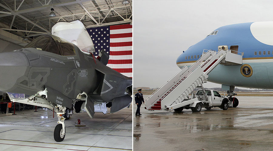 A F-35 Lightning II Joint Strike Fighter (L), Boeing's Air Force One (R)