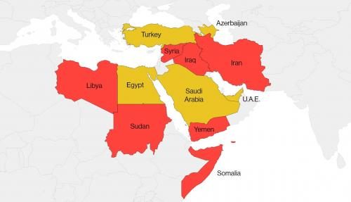 Click to enlarge Map of Middle East countries barred from entering US