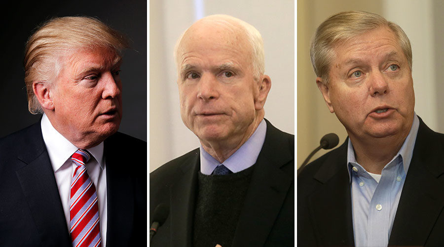 U.S. President Donald Trump (L), U.S. Senator John McCain (C), Senator Lindsey Graham (R) 