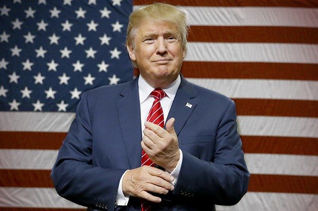 Click to enlarge Republican presidential candidate Donald Trump speaks to supporters as he takes the stage for a campaign event in Dallas, Monday, Sept. 14, 2015