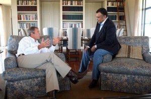 Prince Bandar bin Sultan, then Saudi ambassador to the United States, meeting with President George W. Bush in Crawford, Texas, on Aug. 27, 2002