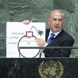 Israeli Prime Minister Benjamin Netanyahu at the United Nations in 2012, drawing his own “red line” on how far he will let Iran go in refining nuclear fuel