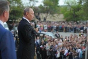 Russian President Vladimir Putin addresses a crowd on May 9, 2014, celebrating the 69th anniversary of victory over Nazi Germany and the 70th anniversary of the liberation of the Crimean port city of Sevastopol from the Nazis